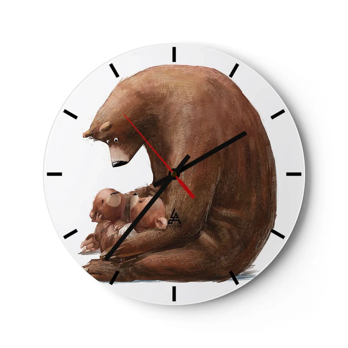 Reloj de pared - Reloj de vidrio - Un oso de peluche abrazando a dos ositos sobre un fondo blanco. - 30x30cm - Dulces sueños, niños - Decoración de pared moderna para salón, cocina y dormitorio ARTTOR