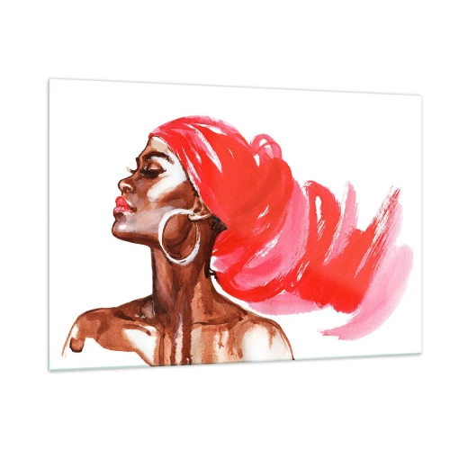 Cuadro sobre vidrio - Impresiones sobre Vidrio - Retrato en acuarela de una mujer con turbante rojo. - 120x80cm - Aroma que te hace sentir - Decoración de pared moderna para salón y dormitorio ARTTOR