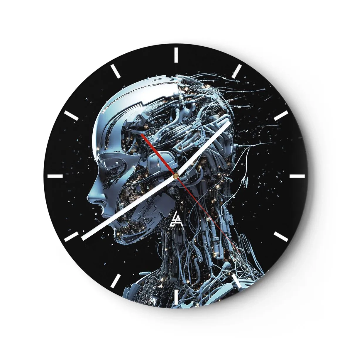 Reloj de pared - Reloj de vidrio - Perfil de un robot humanoide hecho de cables futuristas - 30x30cm - La tecnología es una mujer - Decoración de pared moderna para salón, cocina y dormitorio ARTTOR