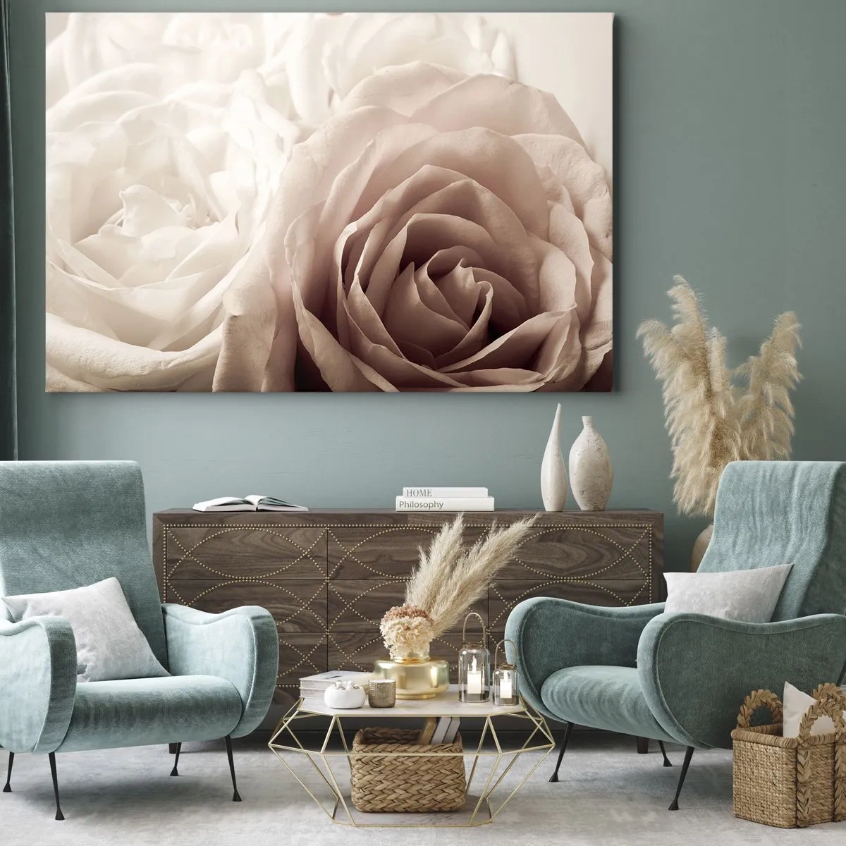 Cuadro sobre lienzo - Impresión de Imagen - Delicadas rosas en tonos pastel beige. - 100x70cm - En el corazón de una rosa - Decoración de pared moderna para salón y dormitorio ARTTOR