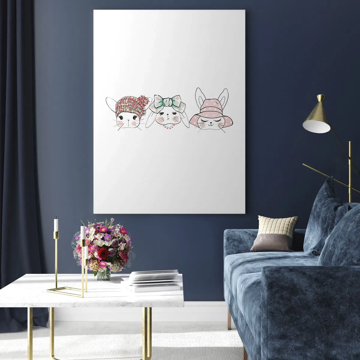 Cuadro sobre vidrio - Impresiones sobre Vidrio - Adorables conejitos con tocados en tonos pastel - 80x120cm - Reflexión, tristeza, alegría - Decoración de pared moderna para salón y dormitorio ARTTOR