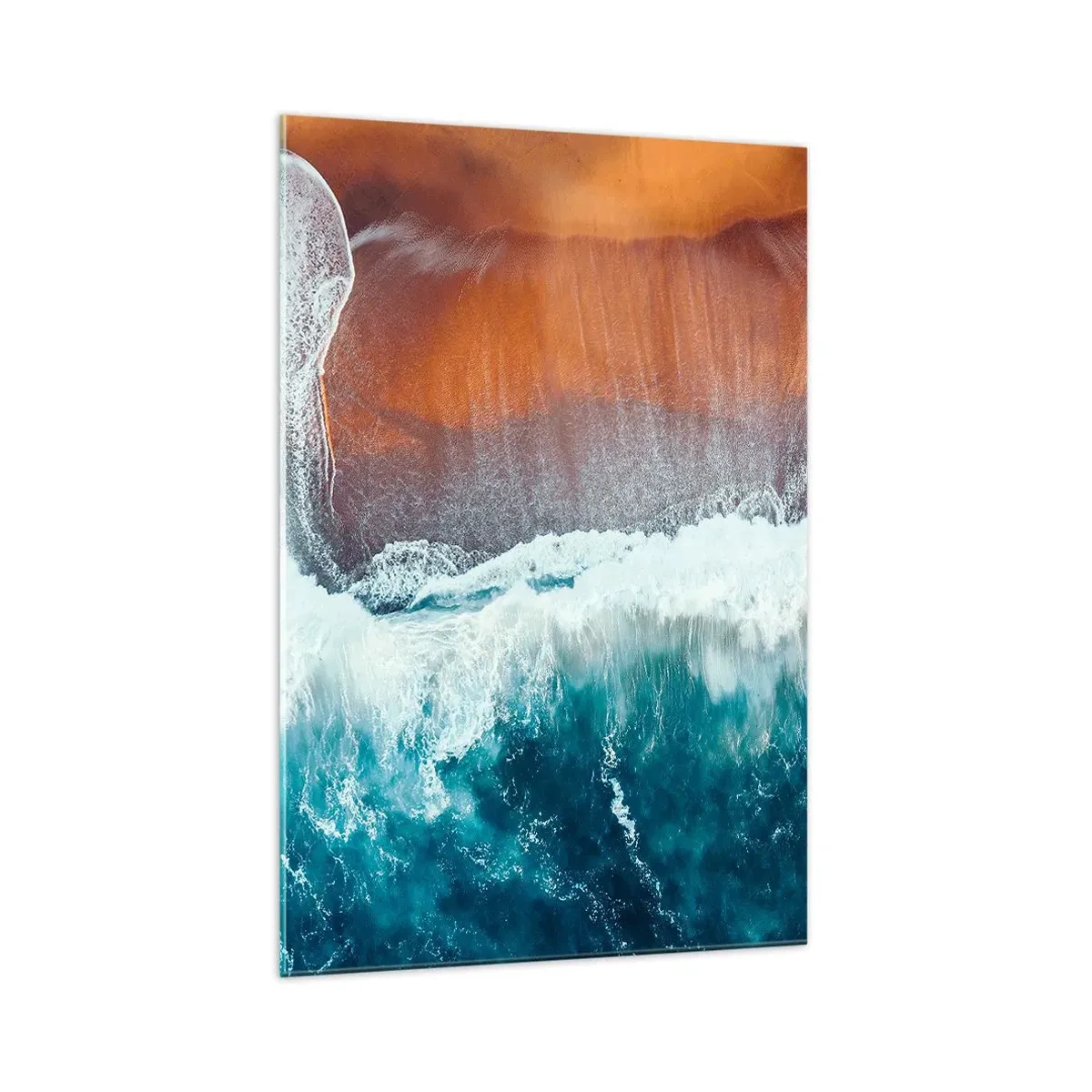Cuadro sobre vidrio - Impresiones sobre Vidrio - Una vista de las olas del océano rompiendo en la playa dorada. - 70x100cm - Un toque de océano - Decoración de pared moderna para salón y dormitorio ARTTOR