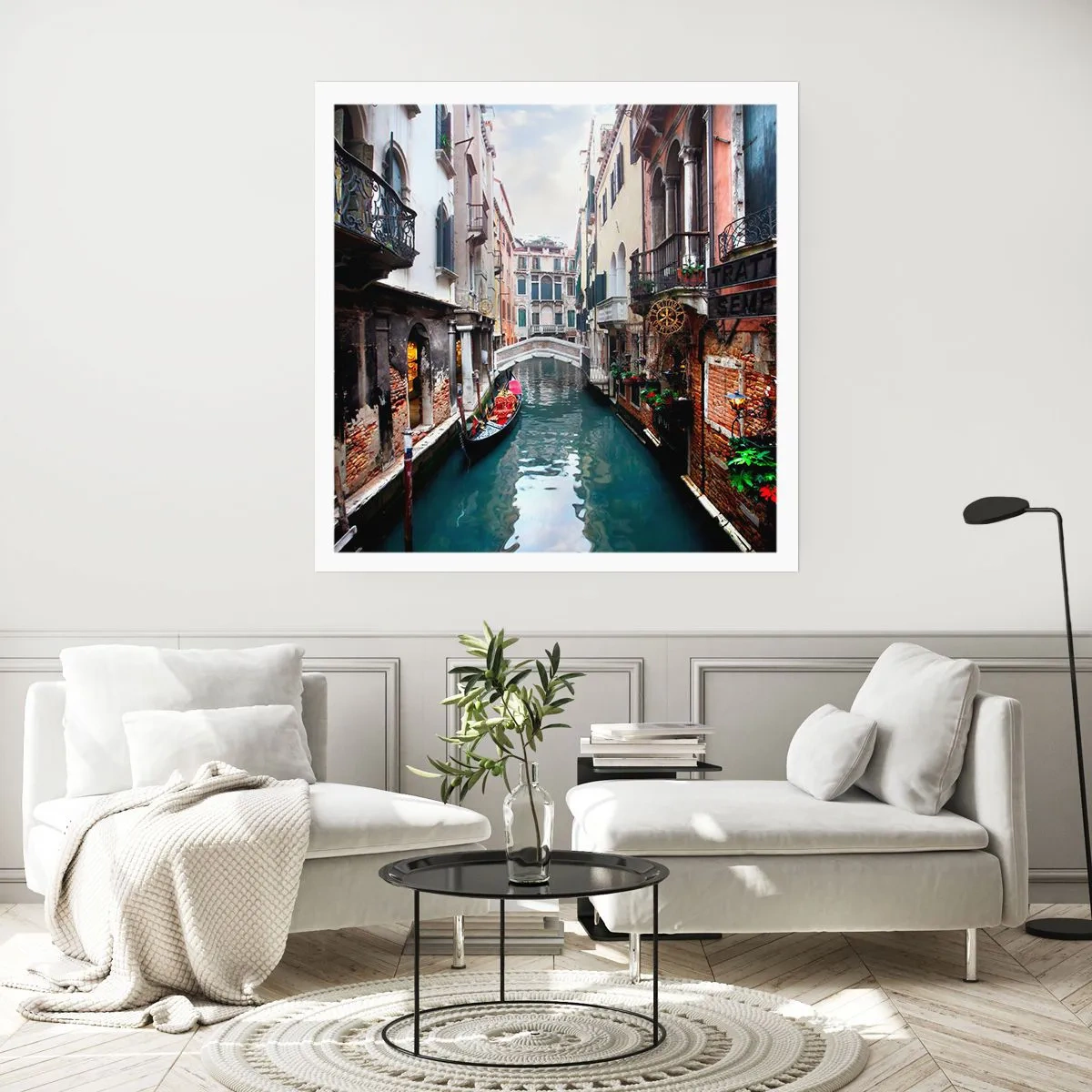 Póster - Paisaje veneciano con góndola y puente - 40x40 cm
