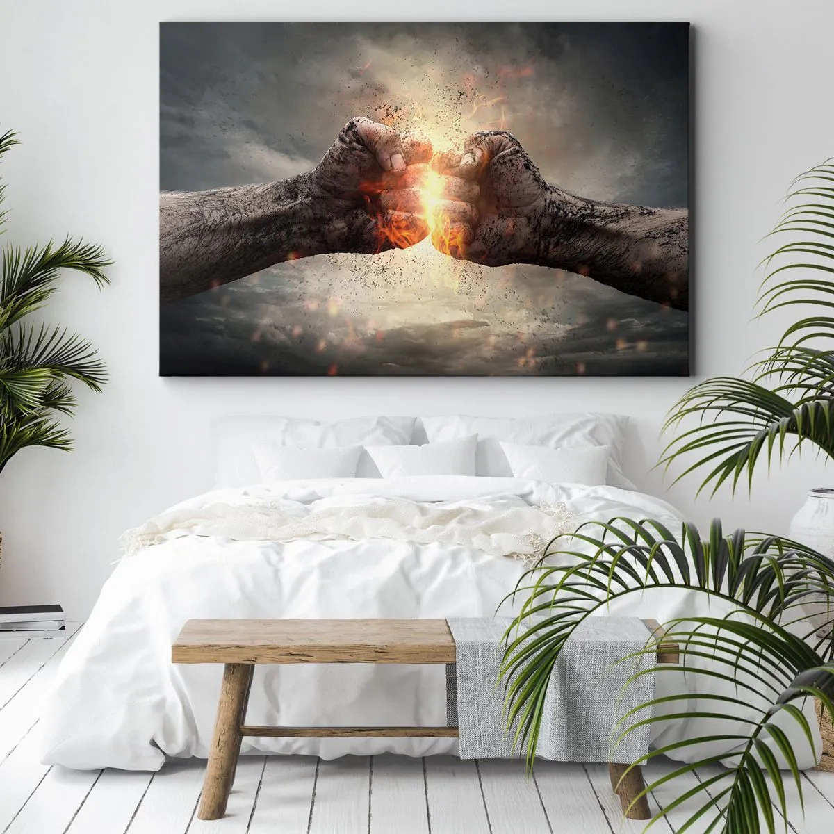 Cuadro sobre lienzo - Impresión de Imagen - Puños cerrados en una escena de incendio dinámica - 70x50cm - La lucha comienza - Decoración de pared moderna para salón y dormitorio ARTTOR