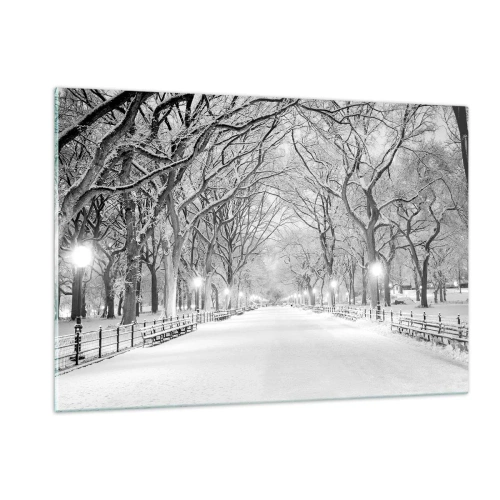 Cuadro sobre vidrio - Impresiones sobre Vidrio - Callejón de árboles de invierno en el parque con luces y nieve. - 120x80cm - Cuatro estaciones - invierno - Decoración de pared moderna para salón y dormitorio ARTTOR