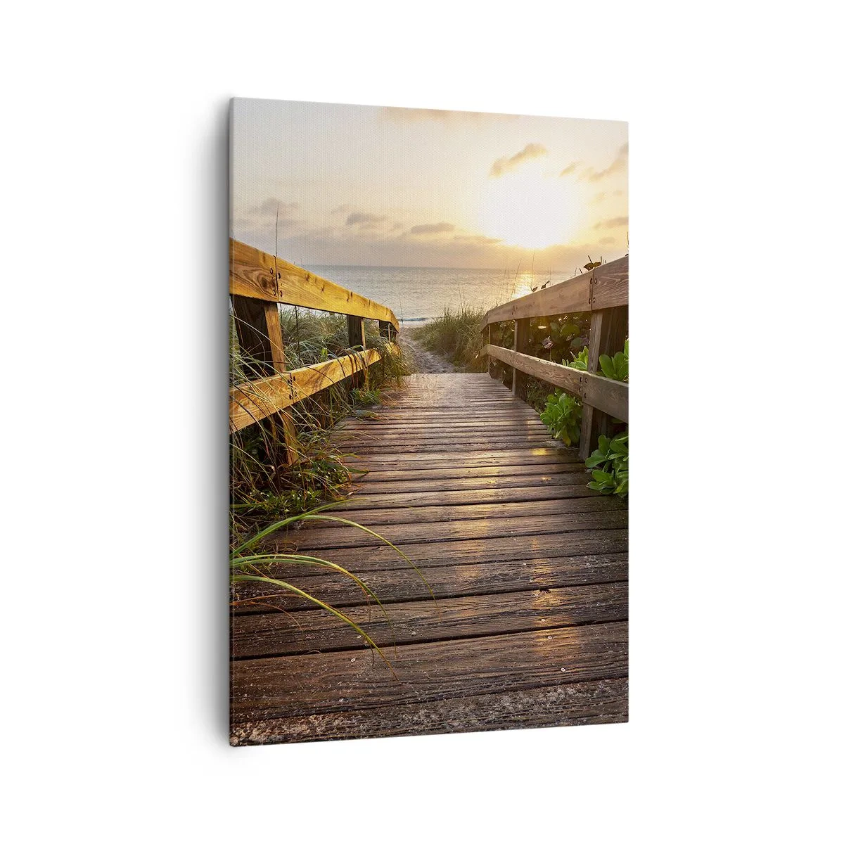 Cuadro sobre lienzo - Impresión de Imagen - Muelle de madera que conduce a la playa al atardecer - 70x100cm - Y directamente a la orilla - Decoración de pared moderna para salón y dormitorio ARTTOR
