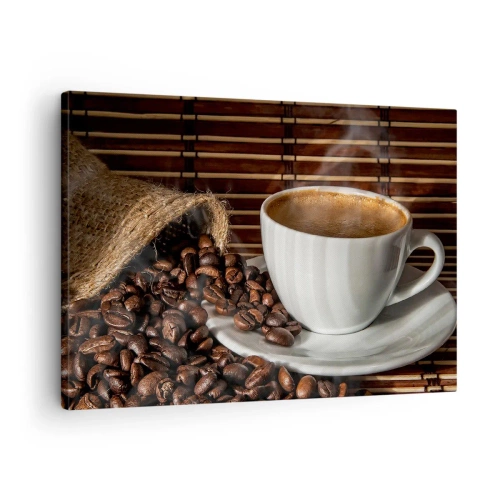 Cuadro sobre lienzo - Impresión de Imagen - Una taza de café con granos sobre un fondo de bambú. - 70x50cm - La negrura del carbón, la transparencia del ámbar - Decoración de pared moderna para salón y dormitorio ARTTOR