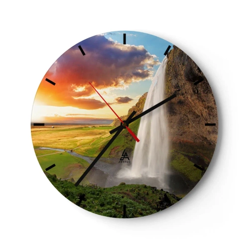 Reloj de pared - Reloj de vidrio - Una cascada en el paisaje islandés al atardecer. - 30x30cm - La plenitud del verano islandés - Decoración de pared moderna para salón, cocina y dormitorio ARTTOR