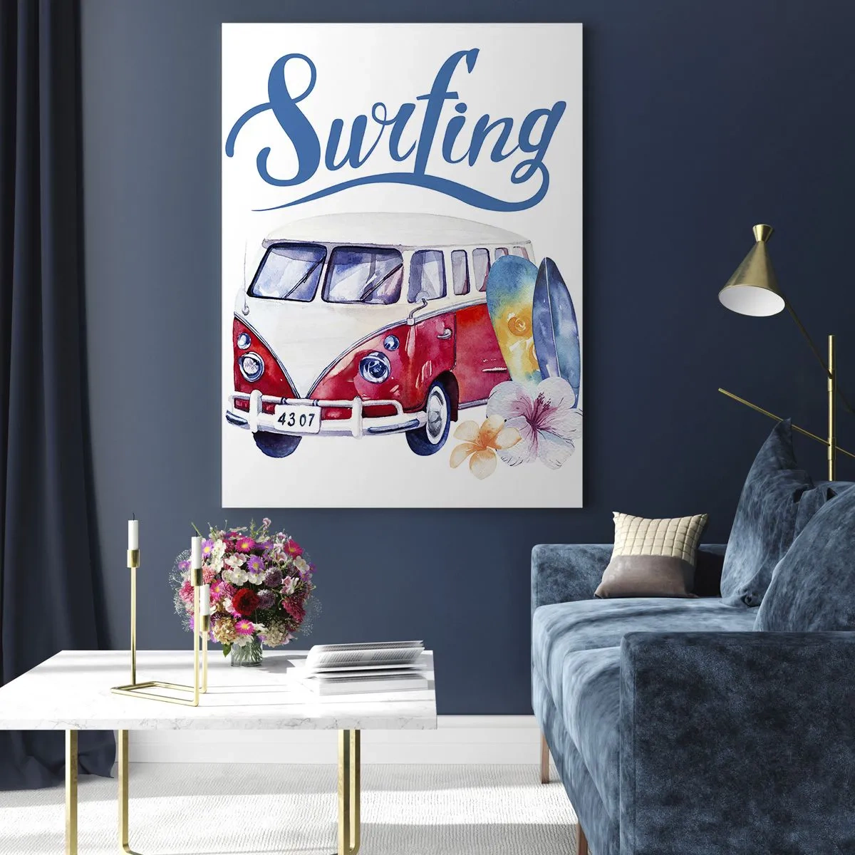 Cuadro sobre vidrio - Impresiones sobre Vidrio - Tema de surf con furgoneta y tablas. - 50x70cm - Un clásico para los surfistas - Decoración de pared moderna para salón y dormitorio ARTTOR