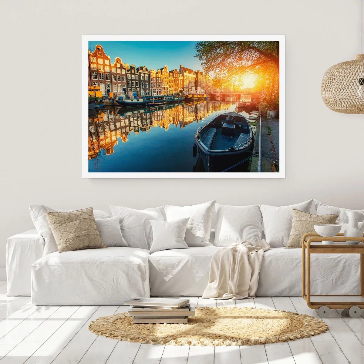 Póster - Canal de Ámsterdam al atardecer - 100x70cm - Mañana en Ámsterdam - Decoración de pared moderna para salón y dormitorio ARTTOR