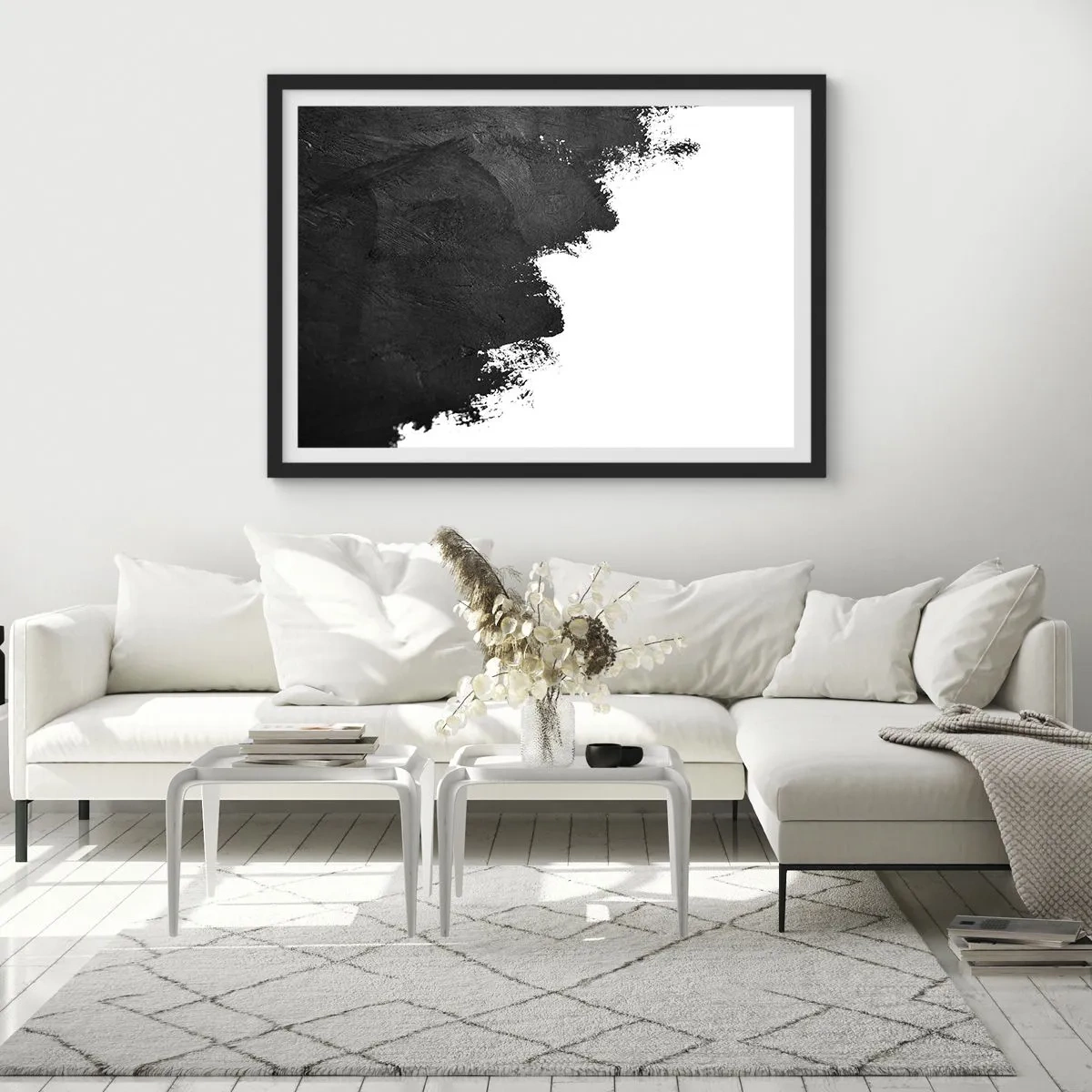 Póster en marco negro - Abstracción en blanco y negro con pinceladas contrastantes. - 70x50cm - Elementos: tierra - Decoración de pared moderna para salón y dormitorio ARTTOR