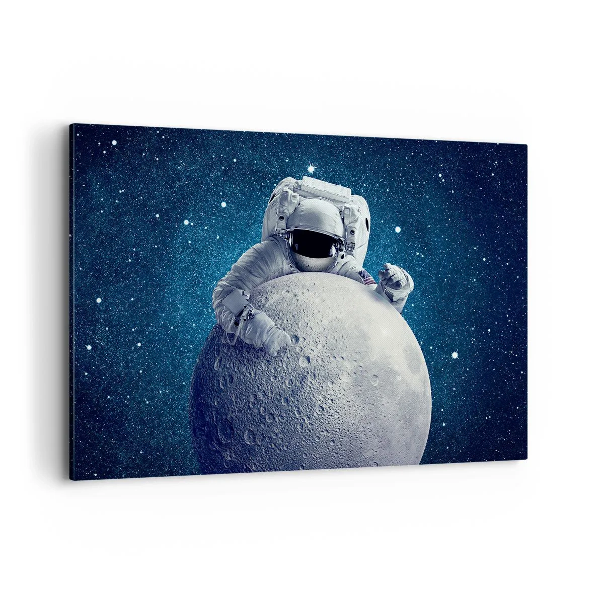 Cuadro sobre lienzo - Impresión de Imagen - Astronauta sosteniendo la luna contra un cielo estrellado - 120x80cm - Bromista espacial - Decoración de pared moderna para salón y dormitorio ARTTOR