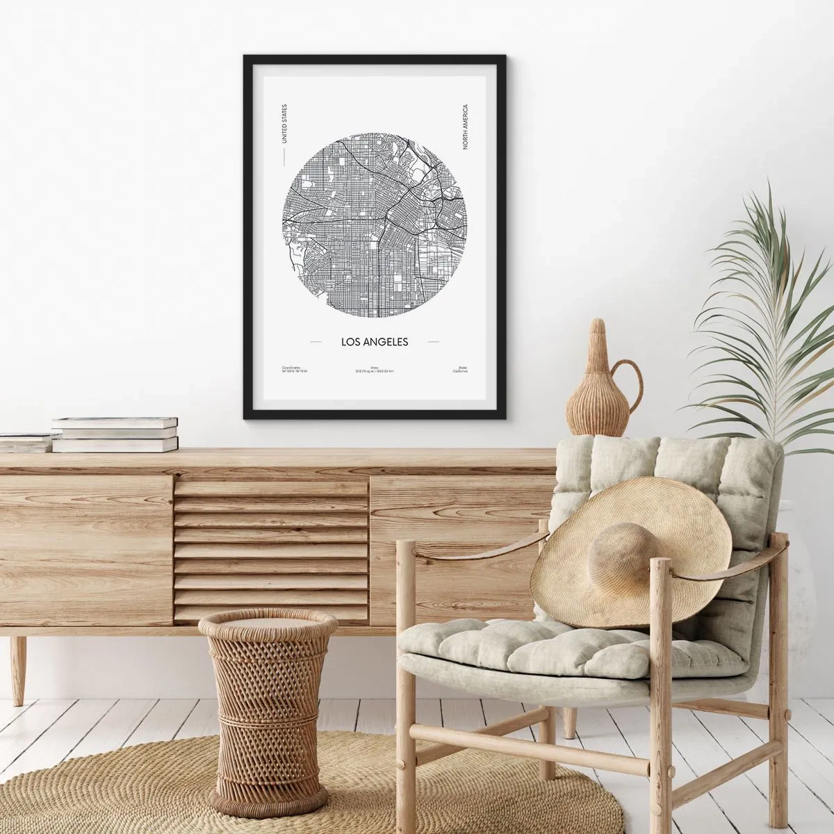 Póster en marco negro - Un mapa minimalista de Los Ángeles en blanco y negro. - 50x70cm - Anatomía de Los Ángeles - Decoración de pared moderna para salón y dormitorio ARTTOR