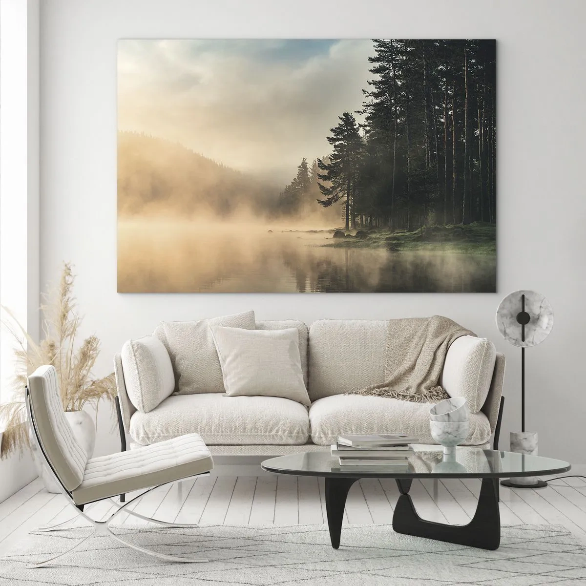 Cuadro sobre vidrio - Impresiones sobre Vidrio - Una mañana brumosa sobre un lago del bosque. - 70x50cm - El nacimiento de un día - Decoración de pared moderna para salón y dormitorio ARTTOR