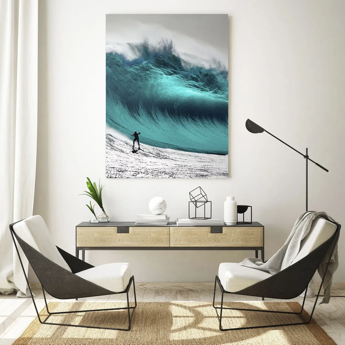Cuadro sobre vidrio - Impresiones sobre Vidrio - Un surfista frente a una ola enorme - 50x70cm - Reto aceptado - Decoración de pared moderna para salón y dormitorio ARTTOR