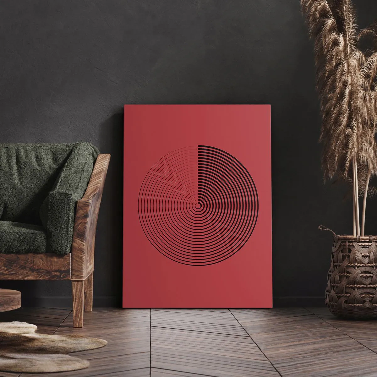 Cuadro sobre lienzo - Impresión de Imagen - Círculos concéntricos sobre fondo rojo - 50x70cm - Movimiento circular - Decoración de pared moderna para salón y dormitorio ARTTOR