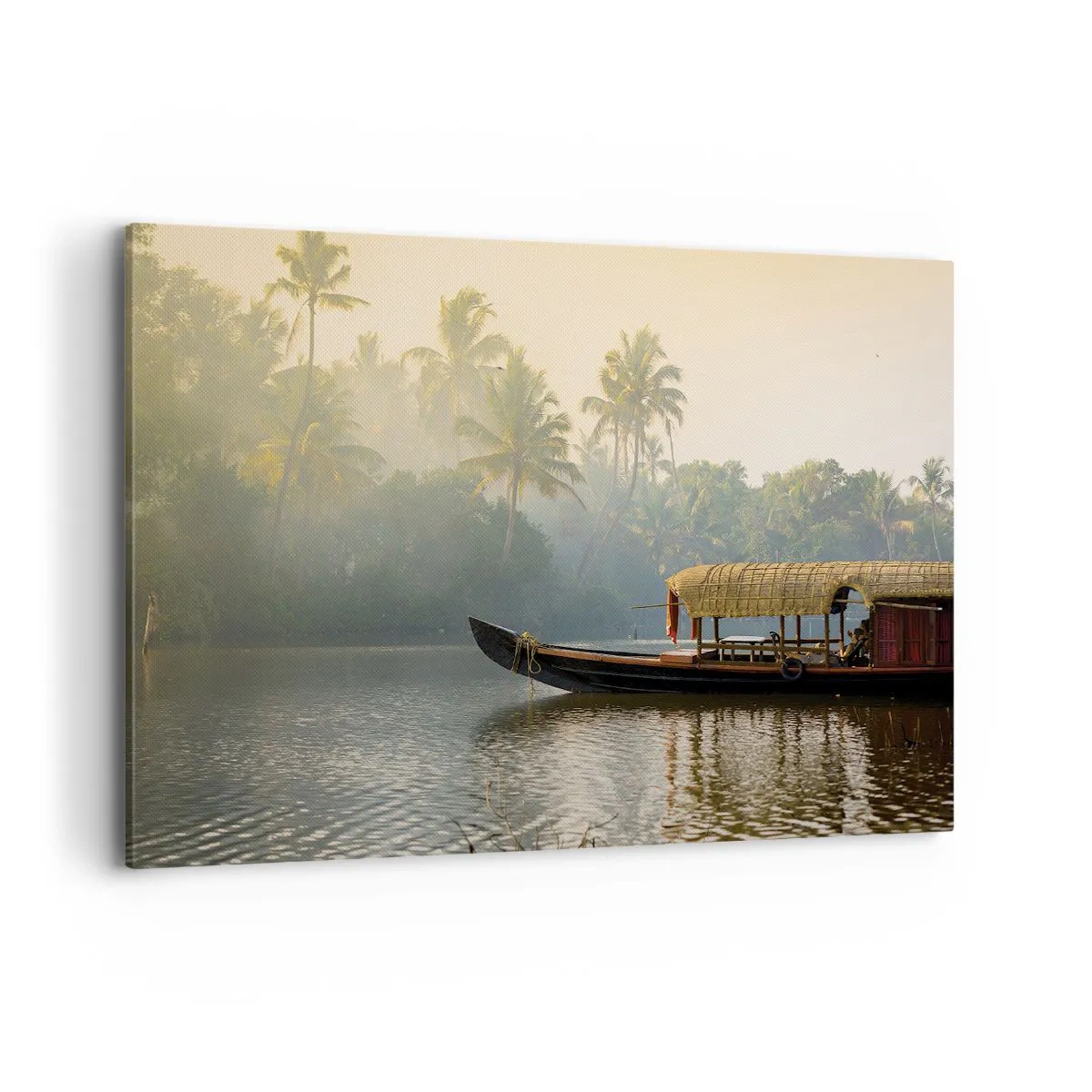 Cuadro sobre lienzo - Impresión de Imagen - Un barco tradicional en un río tranquilo entre palmeras. - 100x70cm - Casa en el río - Decoración de pared moderna para salón y dormitorio ARTTOR