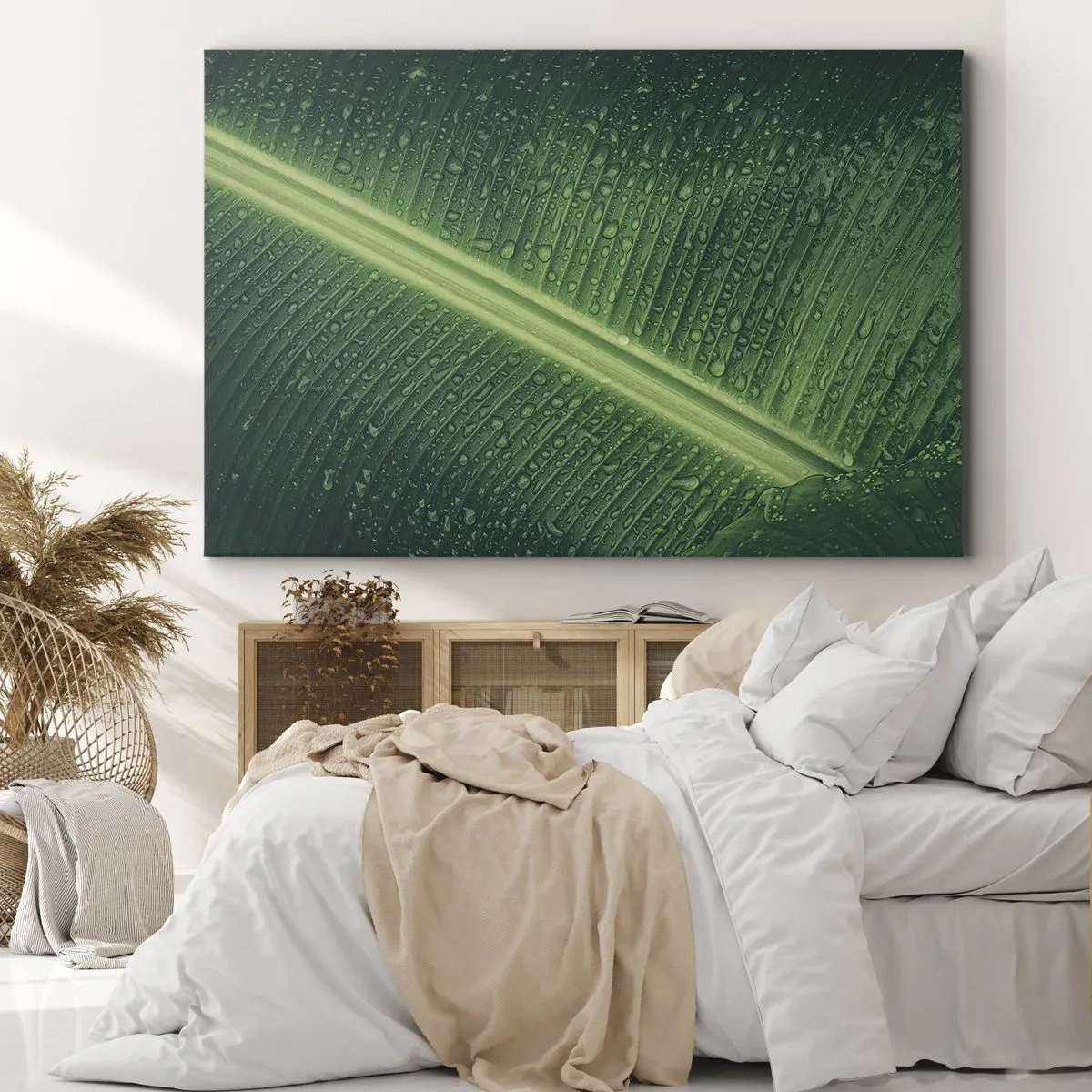 Cuadro sobre lienzo - Impresión de Imagen - Una hoja verde con gotas de agua en su superficie. - 100x70cm - Estructura del verde - Decoración de pared moderna para salón y dormitorio ARTTOR