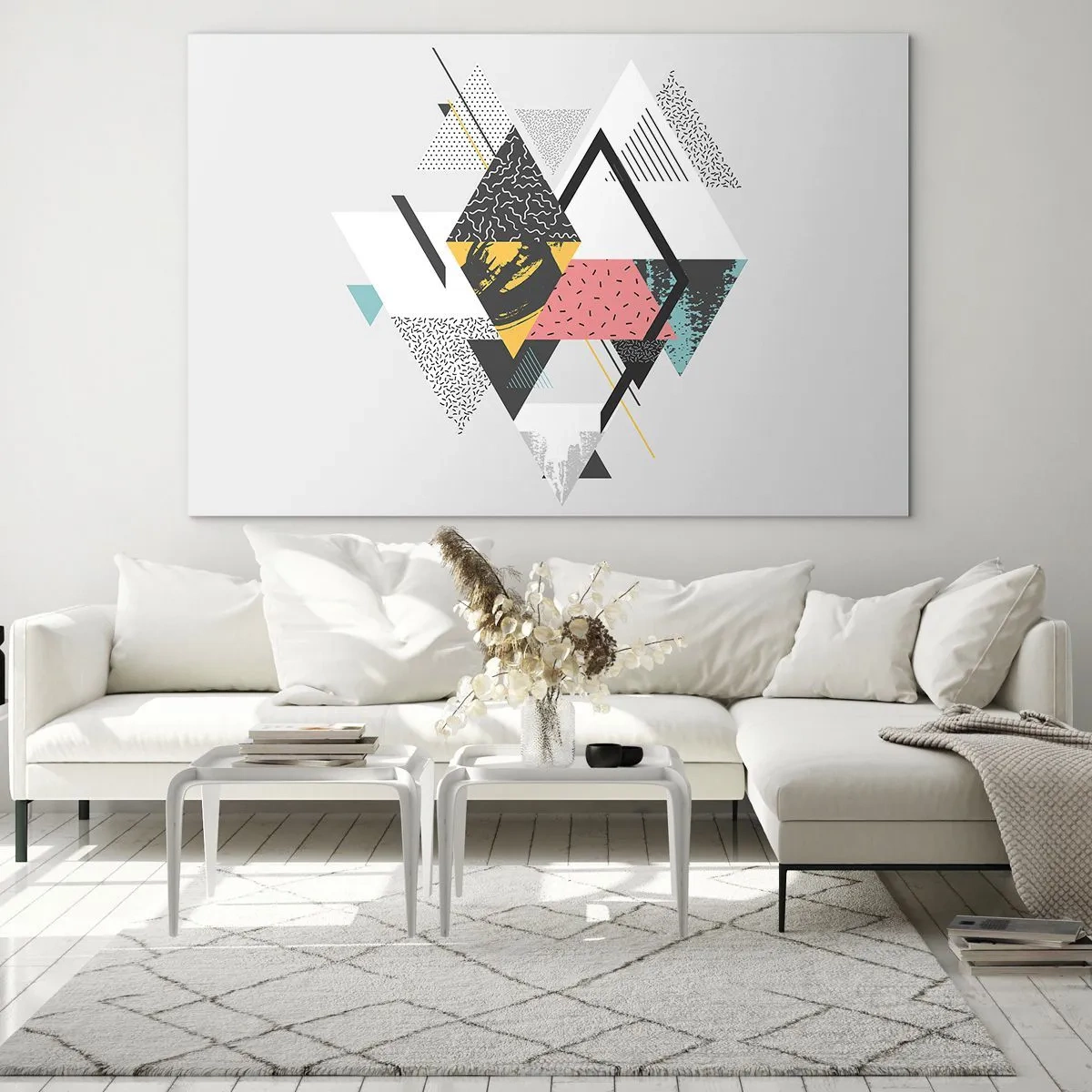 Cuadro sobre vidrio - Impresiones sobre Vidrio - Composición geométrica abstracta con triángulos y rombos. - 70x50cm - Una variación del triángulo y el rombo - Decoración de pared moderna para salón y dormitorio ARTTOR