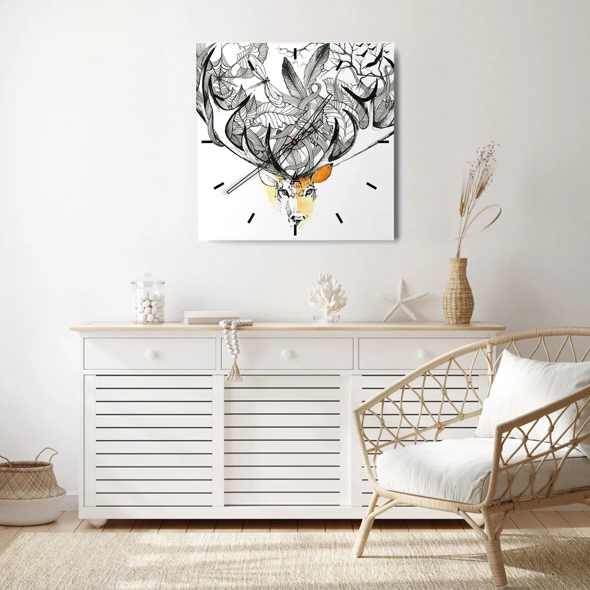Reloj de pared - Reloj de vidrio - Gráfico sutil de ciervo con astas decorativas. - 30x30cm - Cuernos de la abundancia - Decoración de pared moderna para salón y dormitorio ARTTOR