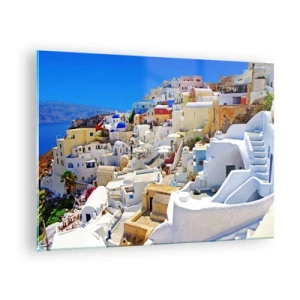 Cuadro sobre vidrio - Impresiones sobre Vidrio - Santorini con casas blancas contra un cielo azul - 70x50cm - Sueño de un verano griego - Decoración de pared moderna para salón y dormitorio ARTTOR