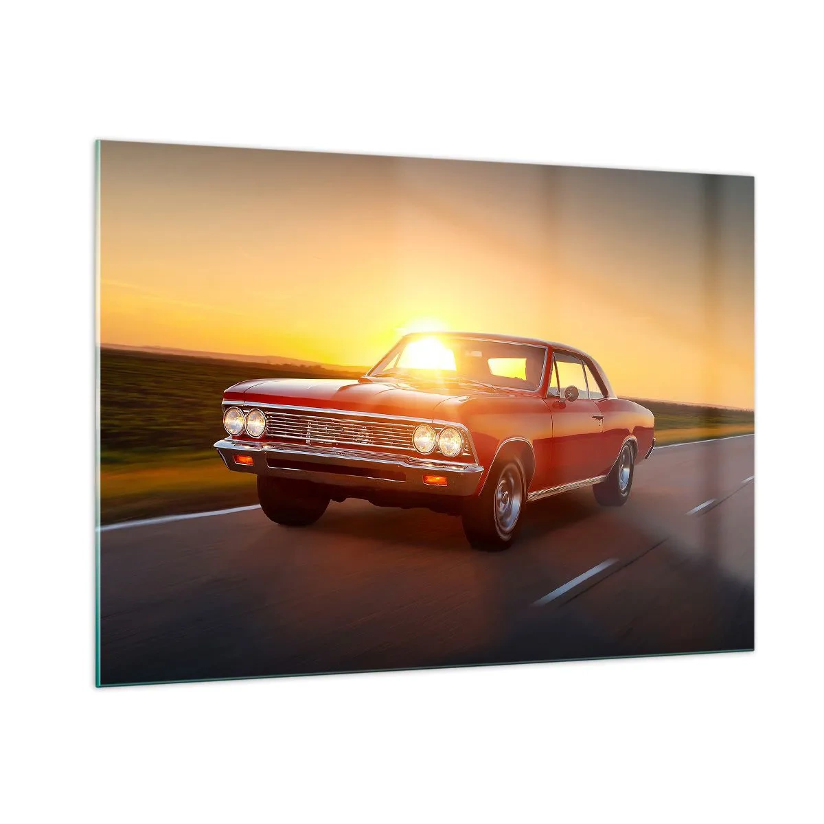 Cuadro sobre vidrio - Impresiones sobre Vidrio - Coche clásico rojo contra el sol poniente - 100x70cm - El deseo es rojo - Decoración de pared moderna para salón y dormitorio ARTTOR