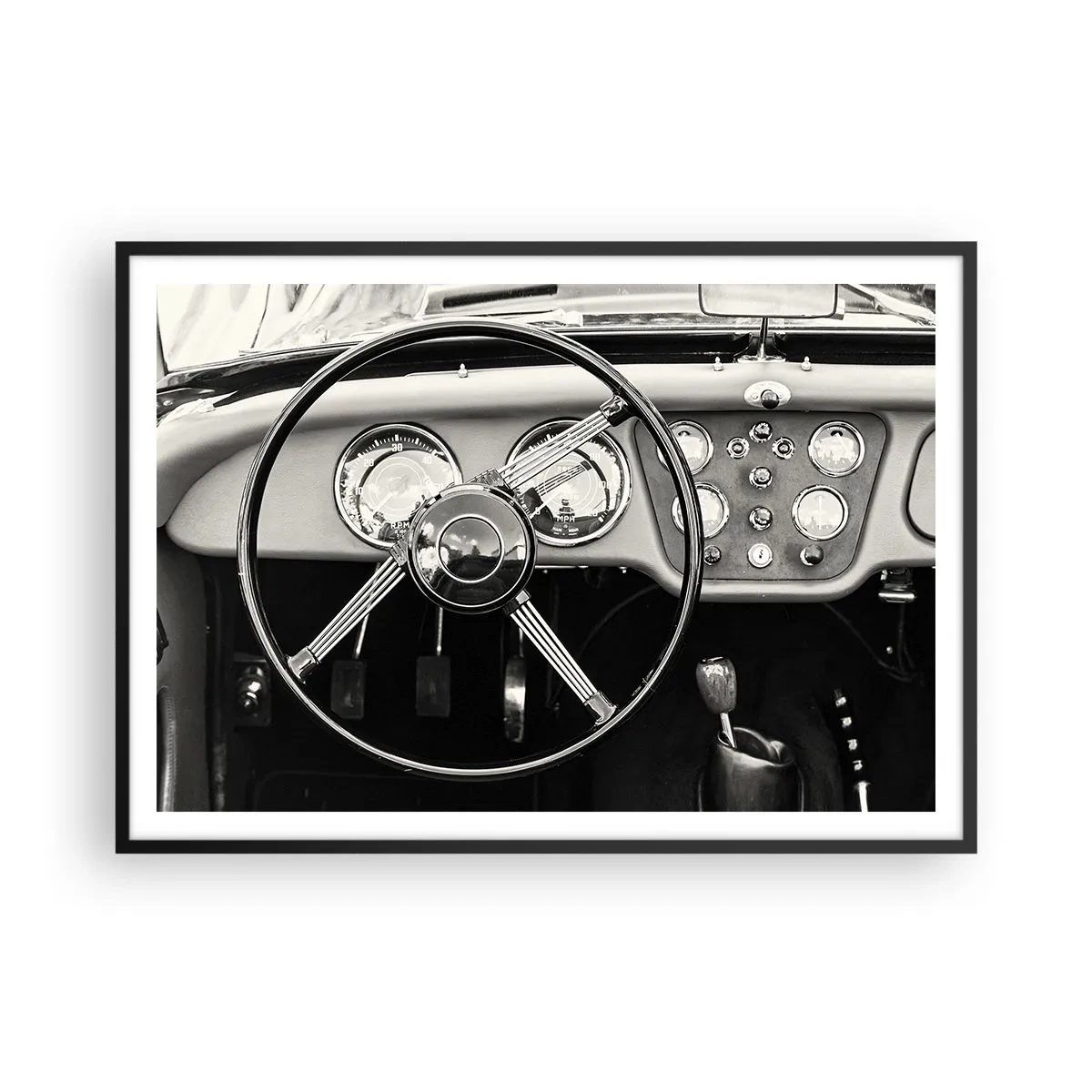 Póster en marco negro - Interior de coche clásico en blanco y negro - 100x70cm - El sueño de un coleccionista - Decoración de pared moderna para salón y dormitorio ARTTOR