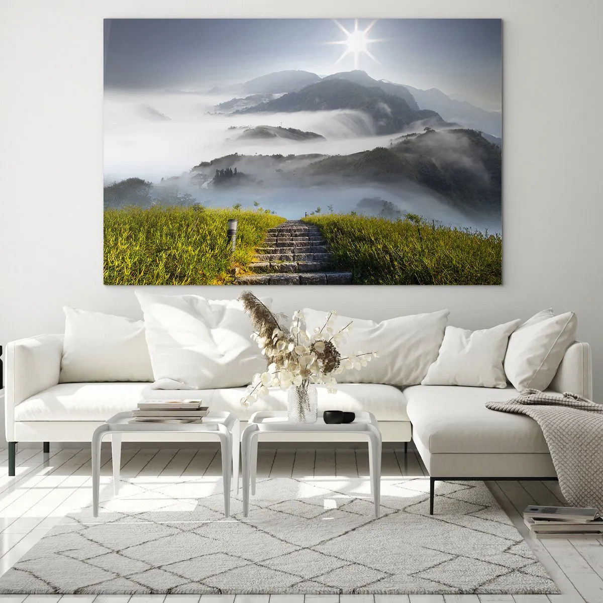 Cuadro sobre vidrio - Impresiones sobre Vidrio - Paisaje de montaña con niebla y escaleras que conducen a la cumbre. - 120x80cm - Todavía en las nubes - Decoración de pared moderna para salón y dormitorio ARTTOR