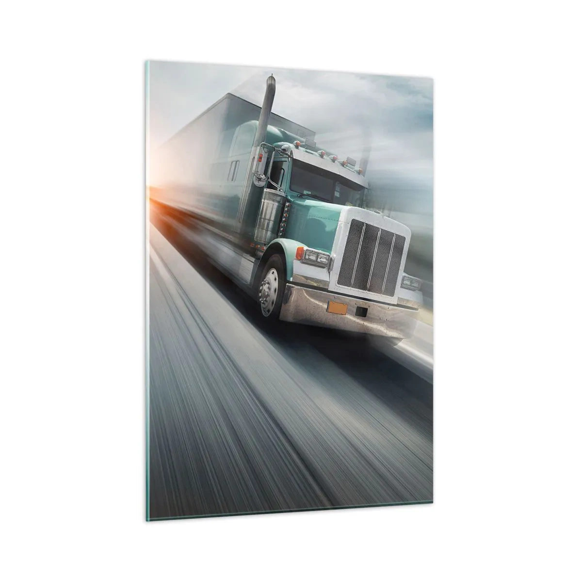 Cuadro sobre vidrio - Impresiones sobre Vidrio - Camión en la carretera al atardecer - 50x70cm - Un gigante norteamericano en apuros - Decoración de pared moderna para salón y dormitorio ARTTOR