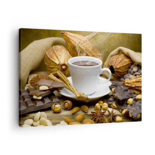 Cuadro sobre lienzo - Impresión de Imagen - Una taza de chocolate caliente rodeada de cacao y canela. - 70x50cm - Para los que buscan emociones - Decoración de pared moderna para salón y dormitorio ARTTOR