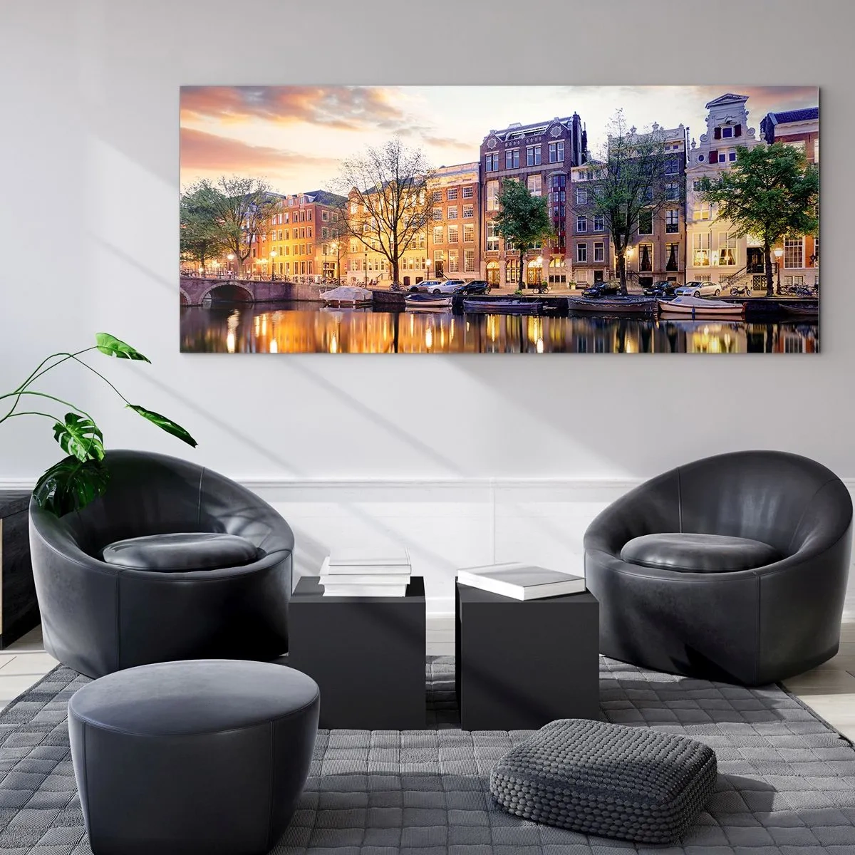 Cuadro sobre vidrio - Impresiones sobre Vidrio - Canal con reflejo de casas de vecindad a la luz del atardecer - 140x50cm - La belleza holandesa, sobria y tranquila - Decoración de pared moderna para salón y dormitorio ARTTOR
