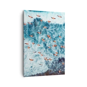 Cuadro sobre lienzo - Impresión de Imagen - Una vista aérea de flamencos rosados sobre un océano azul. - 70x100cm - Un desfile marítimo - Decoración de pared moderna para salón y dormitorio ARTTOR