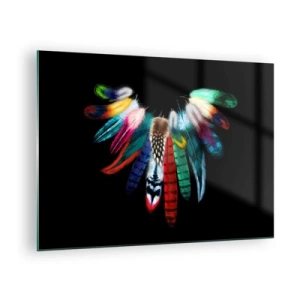 Cuadro sobre vidrio - Impresiones sobre Vidrio - Plumas de colores dispuestas en alas sobre un fondo negro. - 70x50cm - Collar indio - Decoración de pared moderna para salón y dormitorio ARTTOR