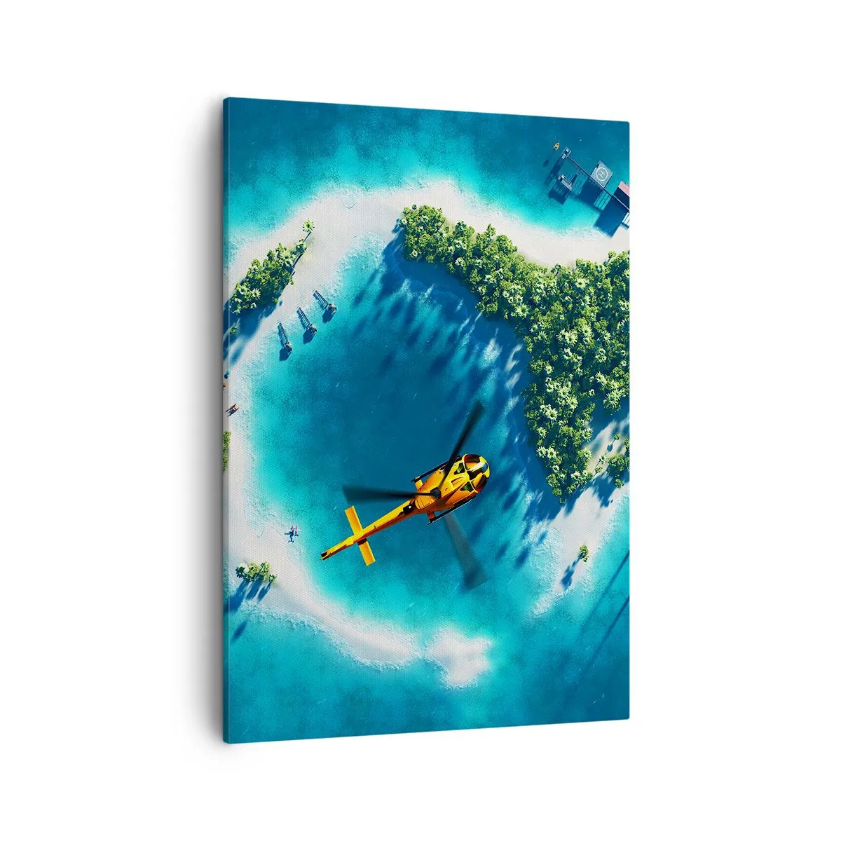Cuadro sobre lienzo - Impresión de Imagen - Una isla tropical rodeada de agua turquesa con un helicóptero a la vista. - 50x70cm - Cómprate una isla - Decoración de pared moderna para salón y dormitorio ARTTOR