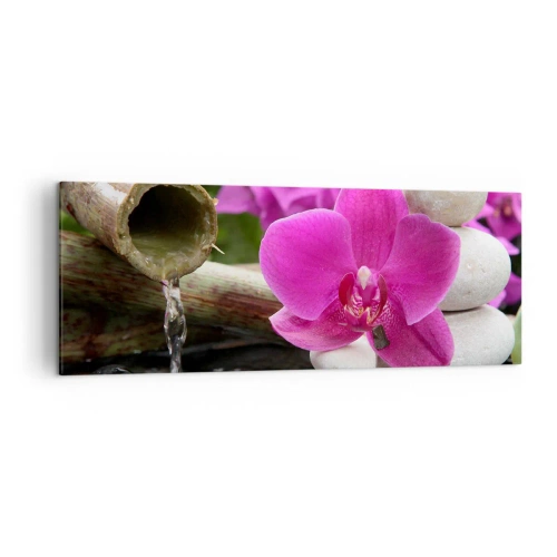 Cuadro sobre lienzo - Impresión de Imagen - Orquídea morada, piedras y bambú con agua en un entorno relajante. - 140x50cm - Ya estás descansando - Decoración de pared moderna para salón y dormitorio ARTTOR
