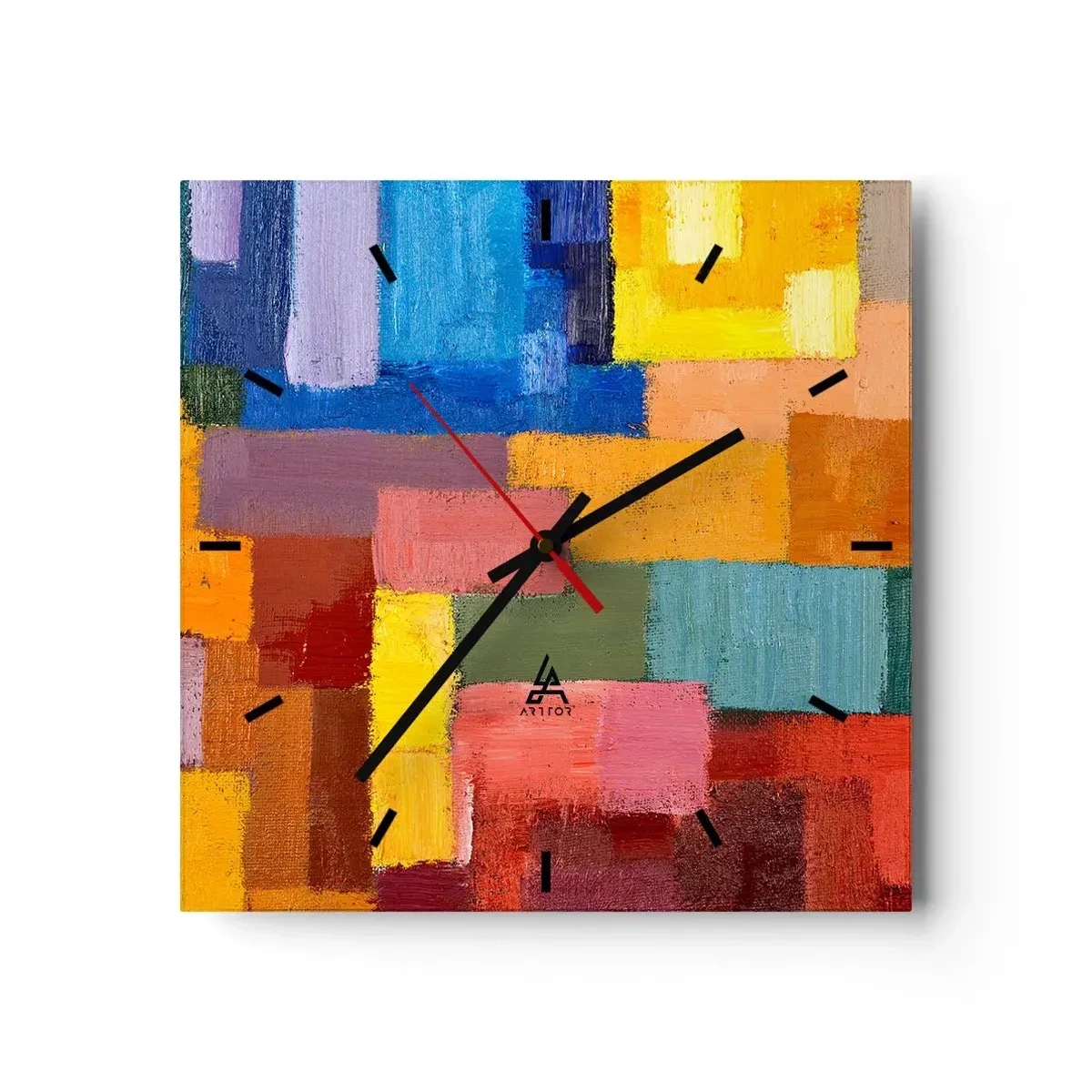 Reloj de pared - Reloj de vidrio - Rectángulos abstractos coloridos en diferentes tonos. - 30x30cm - Cada una diferente, todas coloridas - Decoración de pared moderna para salón y dormitorio ARTTOR