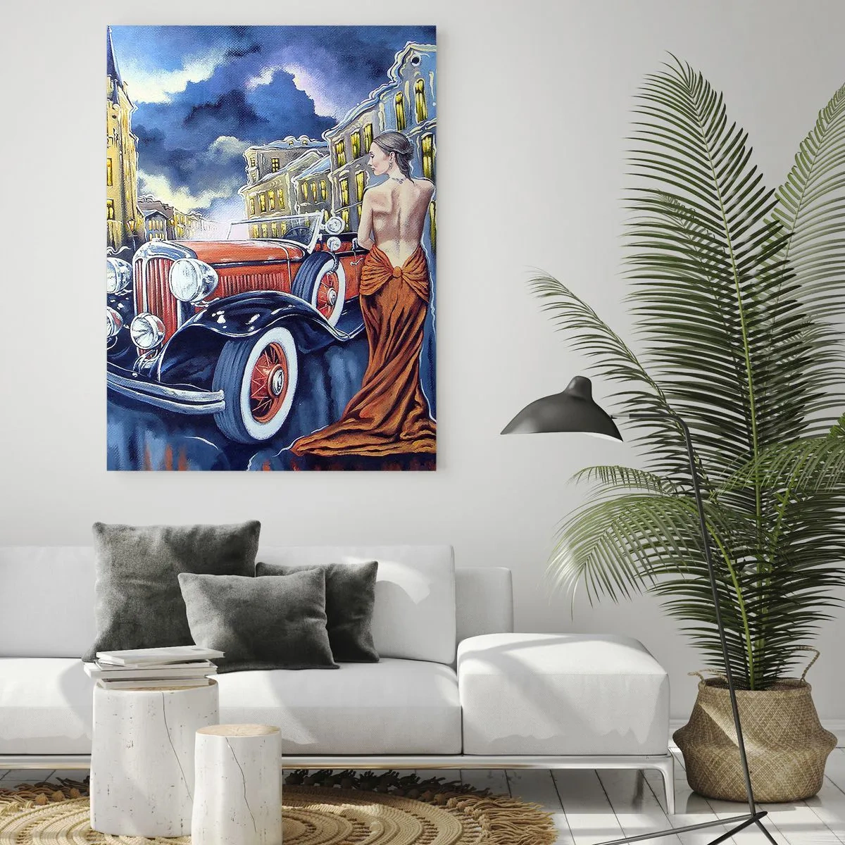Cuadro sobre vidrio - Impresiones sobre Vidrio - Una mujer con un vestido elegante junto a un coche clásico. - 50x70cm - Noche de romanticismo - Decoración de pared moderna para salón y dormitorio ARTTOR