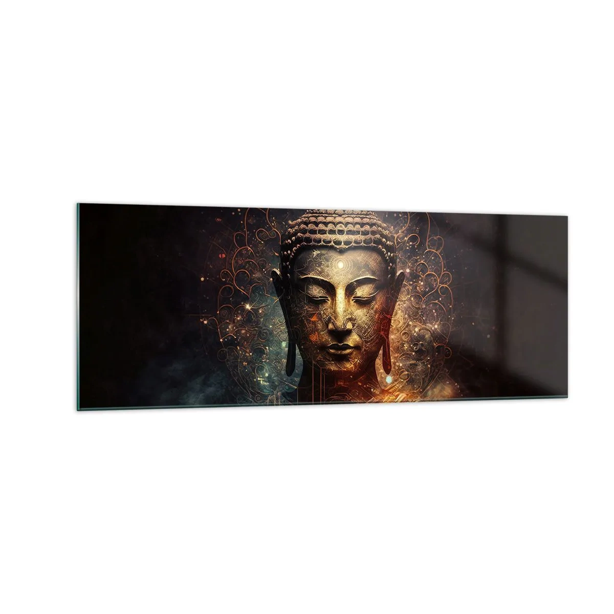 Cuadro sobre vidrio - Impresiones sobre Vidrio - Buda dorado sobre un fondo oscuro con adornos. - 140x50cm - Equilibrio espiritual - Decoración de pared moderna para salón y dormitorio ARTTOR