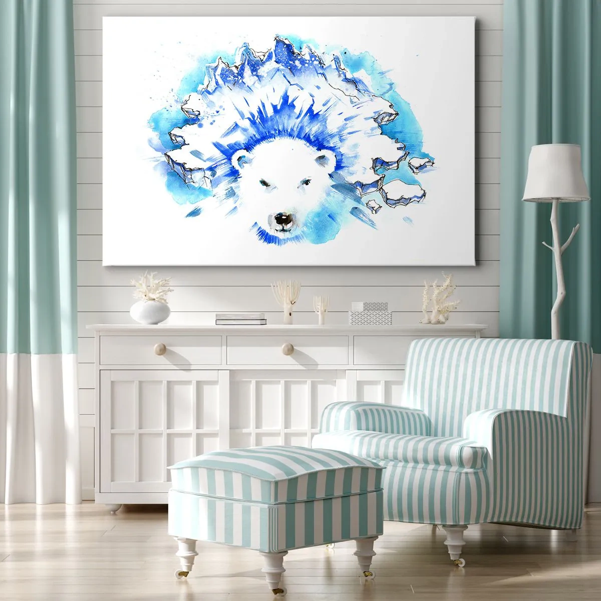 Cuadro sobre lienzo - Impresión de Imagen - Pintura artística de acuarela de un oso polar con un motivo helado. - 70x50cm - El rey del Ártico con una corona de hielo - Decoración de pared moderna para salón y dormitorio ARTTOR