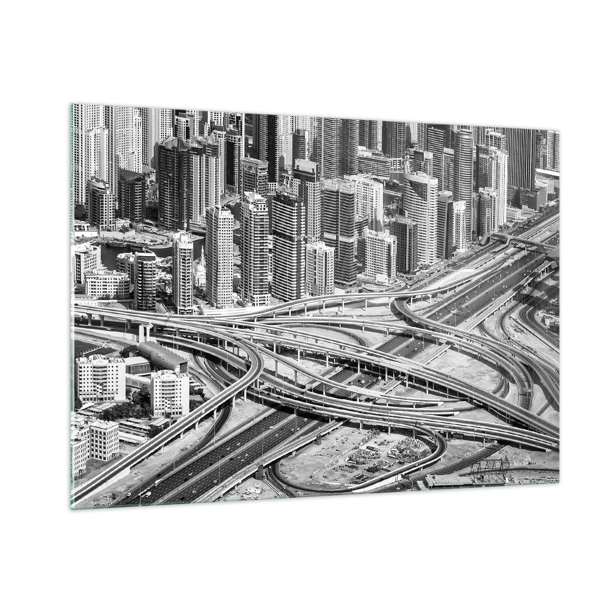 Cuadro sobre vidrio - Impresiones sobre Vidrio - Panorama en blanco y negro de la ciudad con un cruce de autopistas - 100x70cm - Dubái: la ciudad imposible - Decoración de pared moderna para salón y dormitorio ARTTOR