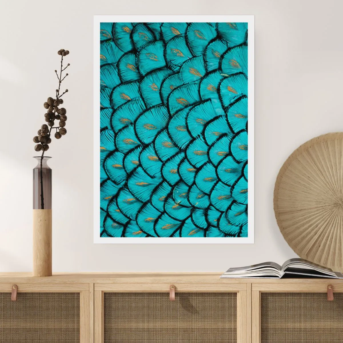 Póster - Fotografía macro de plumas turquesas con un patrón único. - 50x70cm - La gran gala de las plumas - Decoración de pared moderna para salón y dormitorio ARTTOR