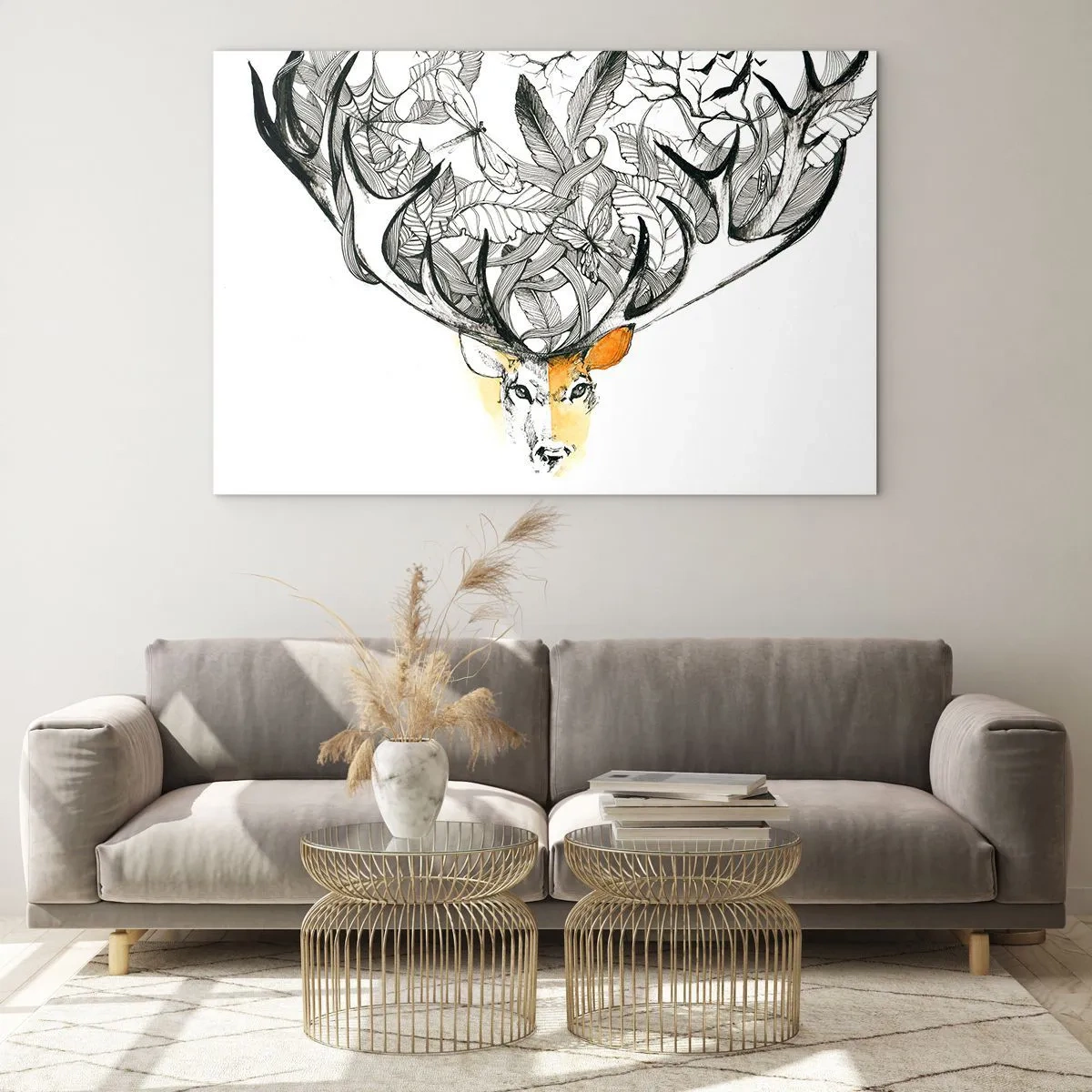 Cuadro sobre vidrio - Impresiones sobre Vidrio - Dibujo de un ciervo con astas elegantes - 70x50cm - Cuernos de la abundancia - Decoración de pared moderna para salón y dormitorio ARTTOR