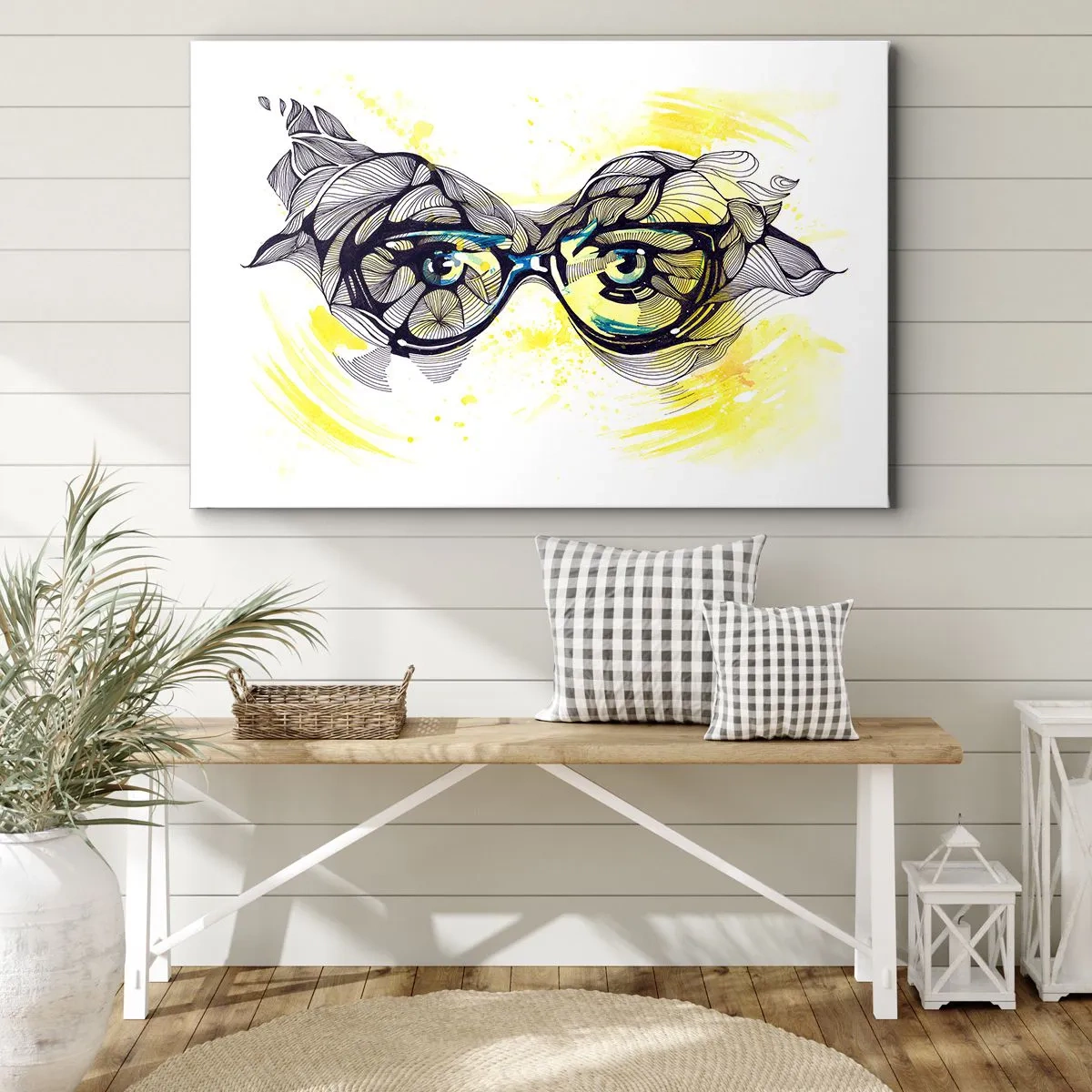 Cuadro sobre lienzo - Impresión de Imagen - Gráficos artísticos de gafas con ojos expresivos. - 120x80cm - A través de las gafas azules - Decoración de pared moderna para salón y dormitorio ARTTOR