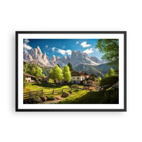 Póster en marco negro - Un pueblo de montaña con casas y vistas a los Alpes. - 70x50cm - Idilio alpino - Decoración de pared moderna para salón y dormitorio ARTTOR
