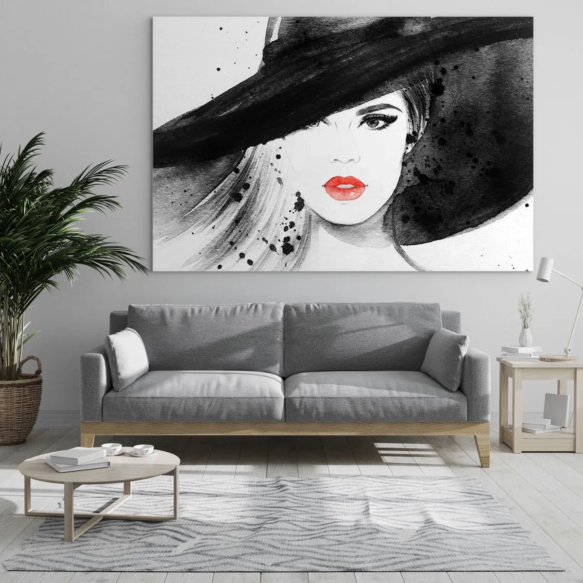 Cuadro sobre vidrio - Impresiones sobre Vidrio - Retrato de una mujer con sombrero negro y labios rojos. - 70x50cm - Dama de negro - Decoración de pared moderna para salón y dormitorio ARTTOR