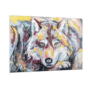 Cuadro sobre vidrio - Impresiones sobre Vidrio - Retrato colorido de un lobo en estilo expresionista. - 120x80cm - Pinceladas de lobo - Decoración de pared moderna para salón y dormitorio ARTTOR