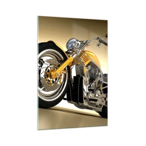 Cuadro sobre vidrio - Impresiones sobre Vidrio - Una motocicleta estilo chopper amarilla contra una pared beige - 70x100cm - Un sueño de fuerza y velocidad - Decoración de pared moderna para salón y dormitorio ARTTOR
