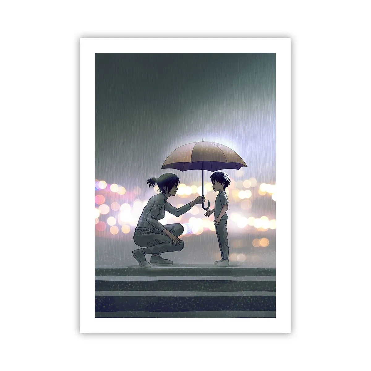 Póster - Un adulto le entrega un paraguas a un niño ante un fondo lluvioso. - 50x70cm - Y todo está bien - Decoración de pared moderna para salón y dormitorio ARTTOR