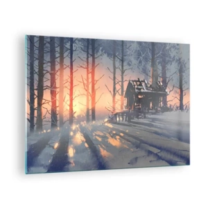 Cuadro sobre vidrio - Impresiones sobre Vidrio - Bosque invernal al atardecer con una cabaña al fondo - 70x50cm - Solo el sol es testigo - Decoración de pared moderna para salón y dormitorio ARTTOR
