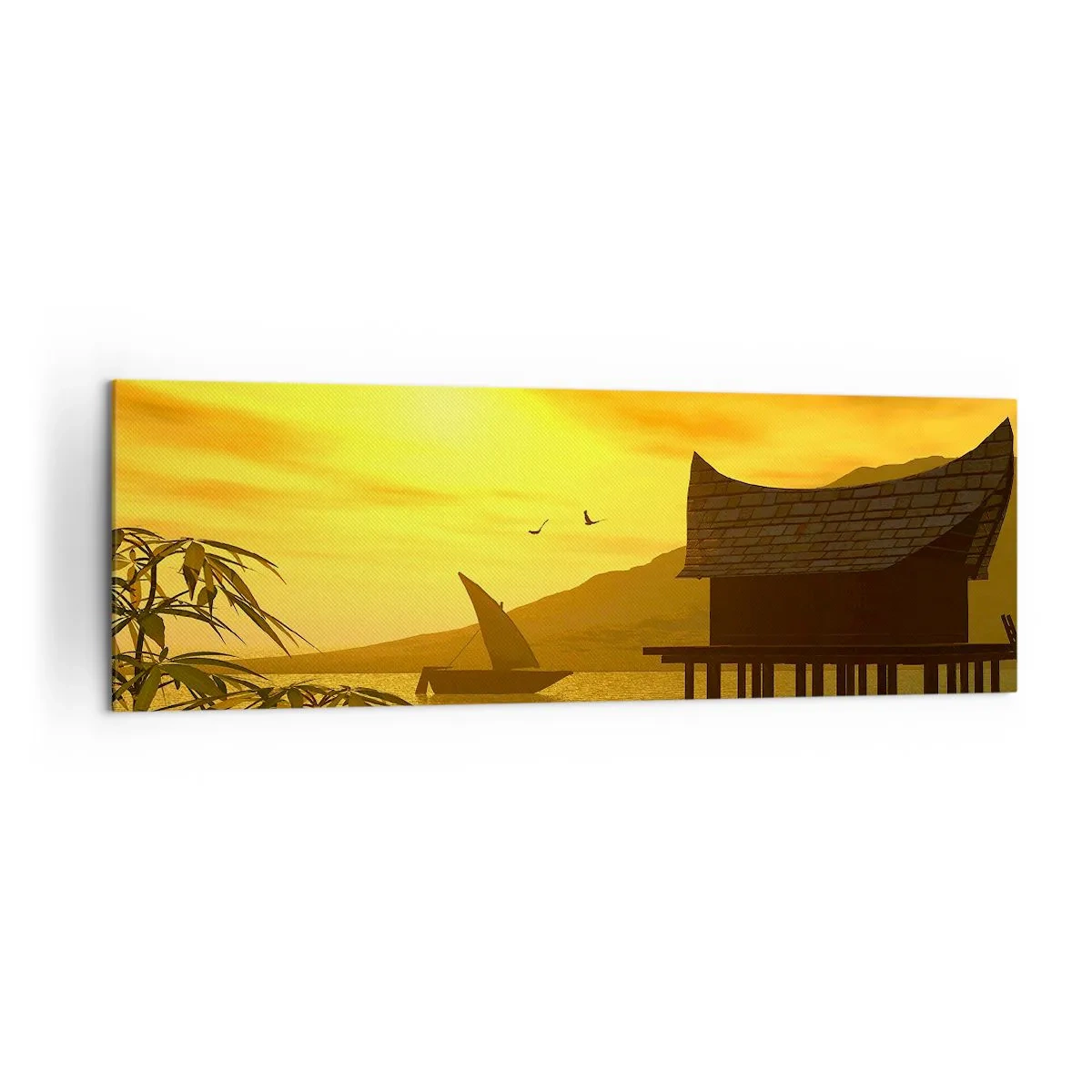 Cuadro sobre lienzo - Impresión de Imagen - Puesta de sol tropical sobre el agua con casa de madera sobre pilotes. - 160x50cm - La ansiada paz - Decoración de pared moderna para salón y dormitorio ARTTOR
